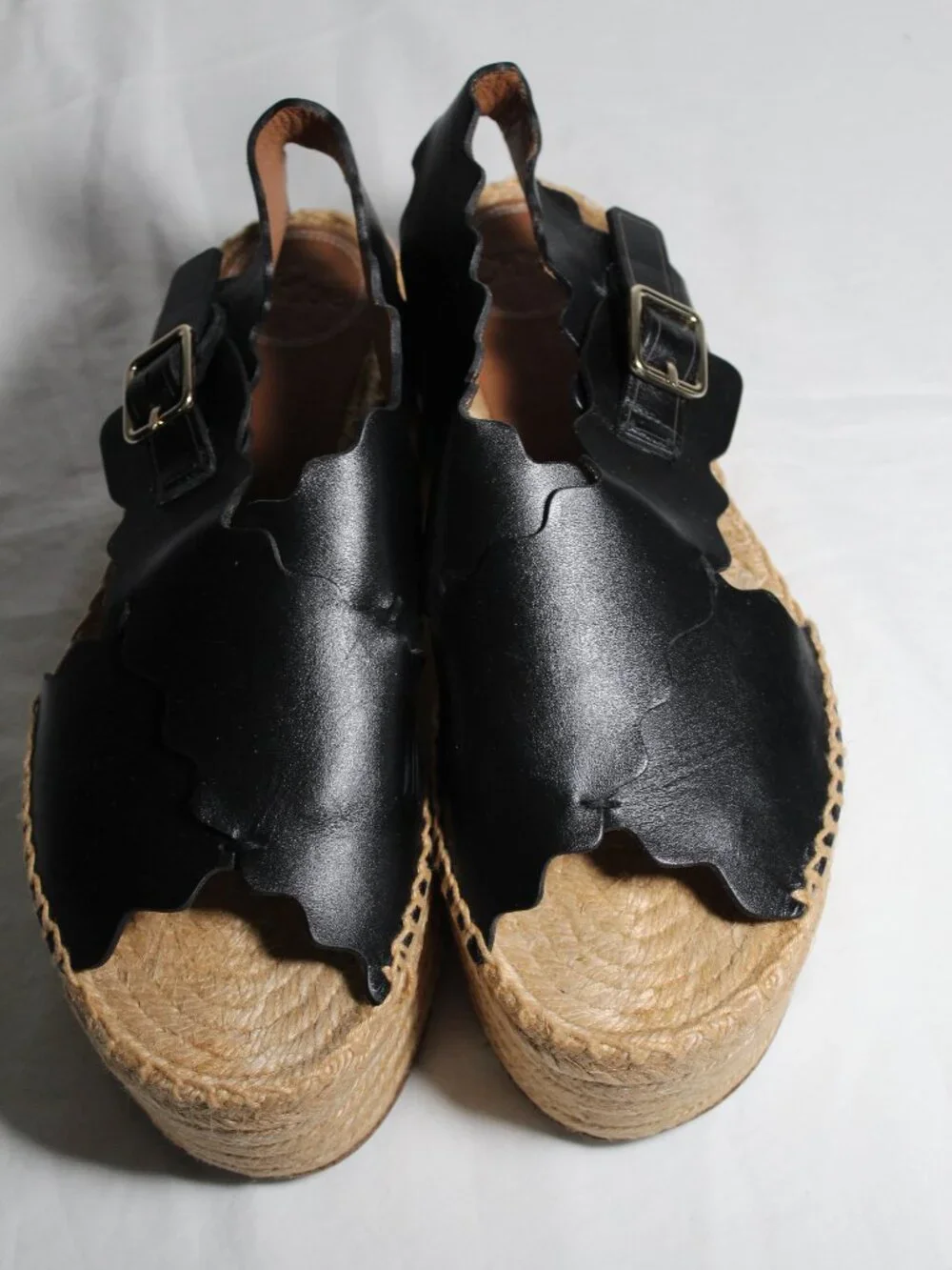 Chloe Chloé Lauren Scalloped Espadrille Sandals Black Slingback Platform 40